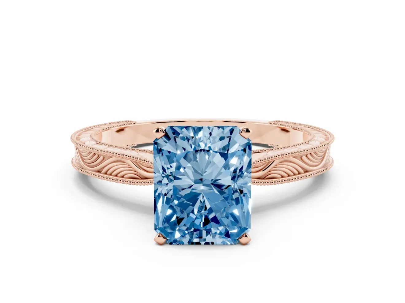 Radiant Cut Engraved Engagement Ring Setting for a Fancy Blue Lab-Grown Diamond | Rose Gold
