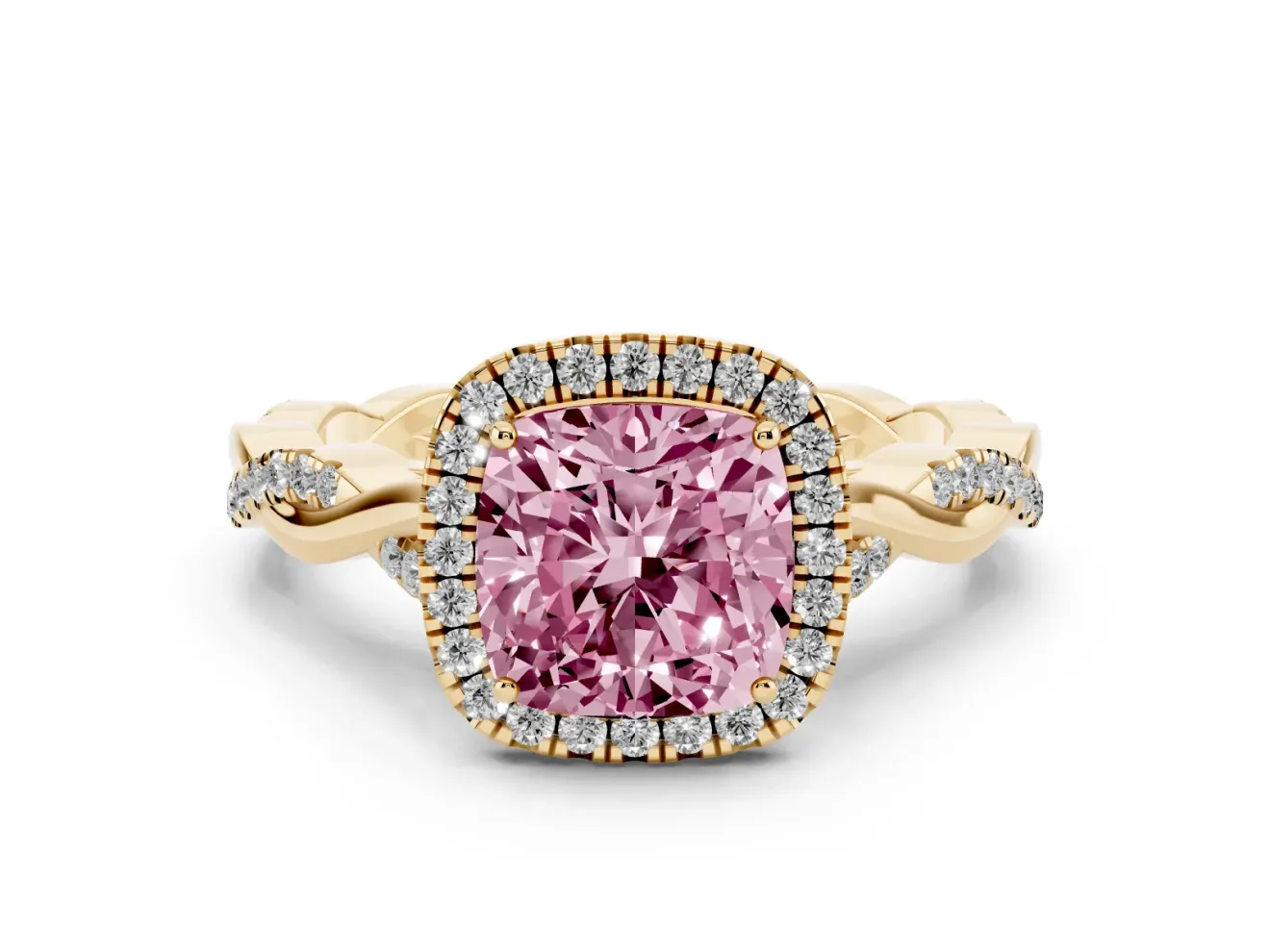 Cushion Cut Twist Halo Engagement Ring Setting for a Fancy Pink Lab-Grown Diamond | Yellow Gold