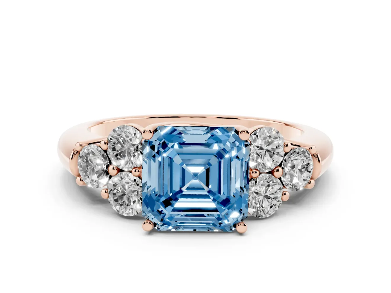 Fancy Blue Asscher Cut Diamond Cluster Ring Set in Rose gold with Round Accent Stones and Prong Setting on a Plain Band