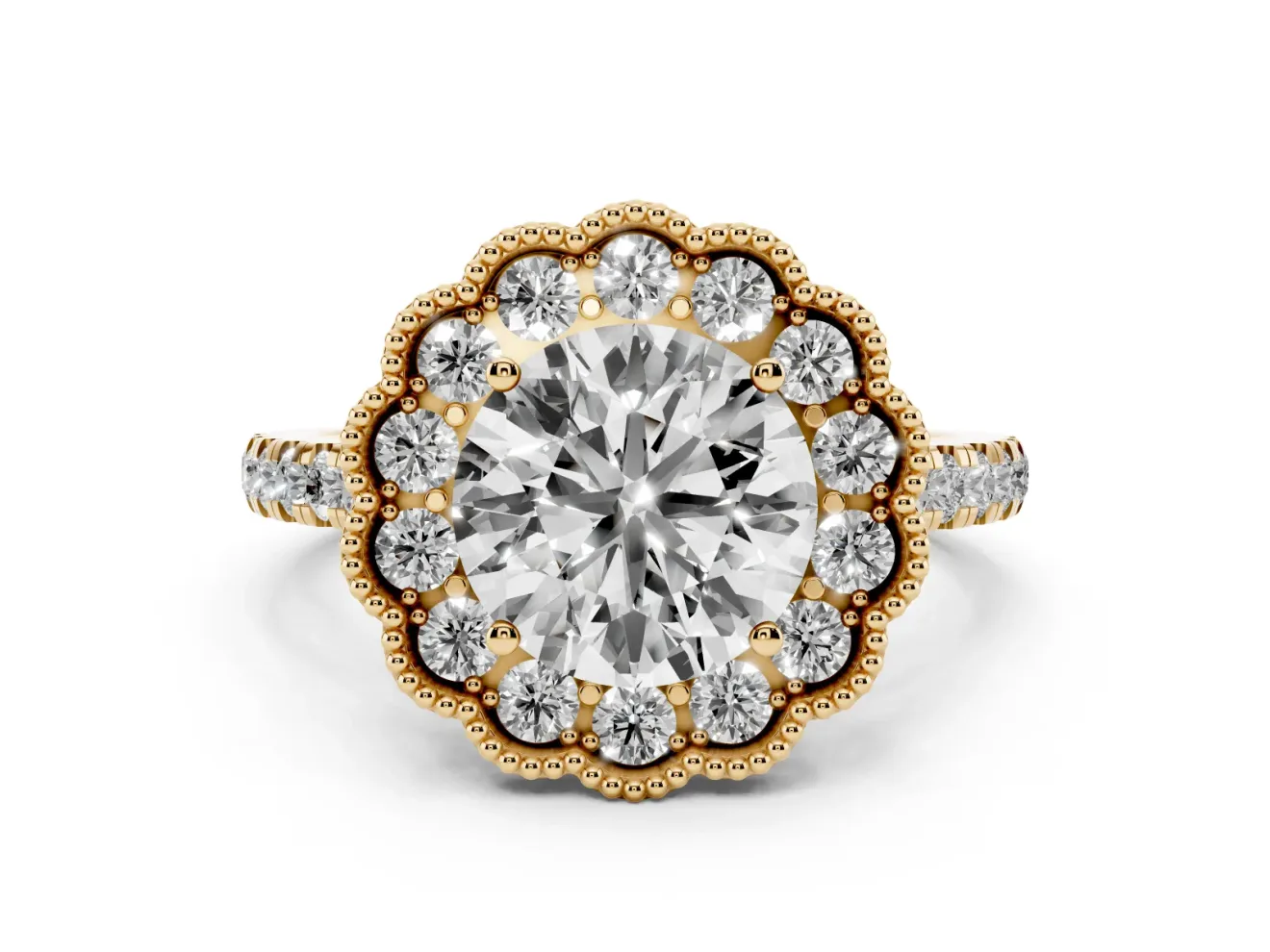 Round Cut Diamond Milgrain Floral Halo Engagement Ring Set in Yellow gold with Pavé Band