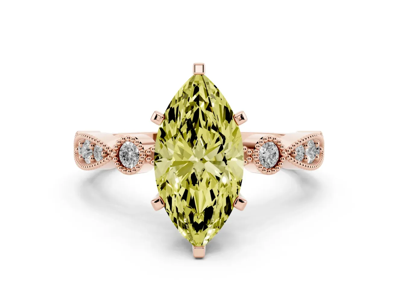 Fancy Yellow Marquise Cut Diamond Solitaire Engagement Ring Set in Rose gold with Milgrain Bezel Accent Band