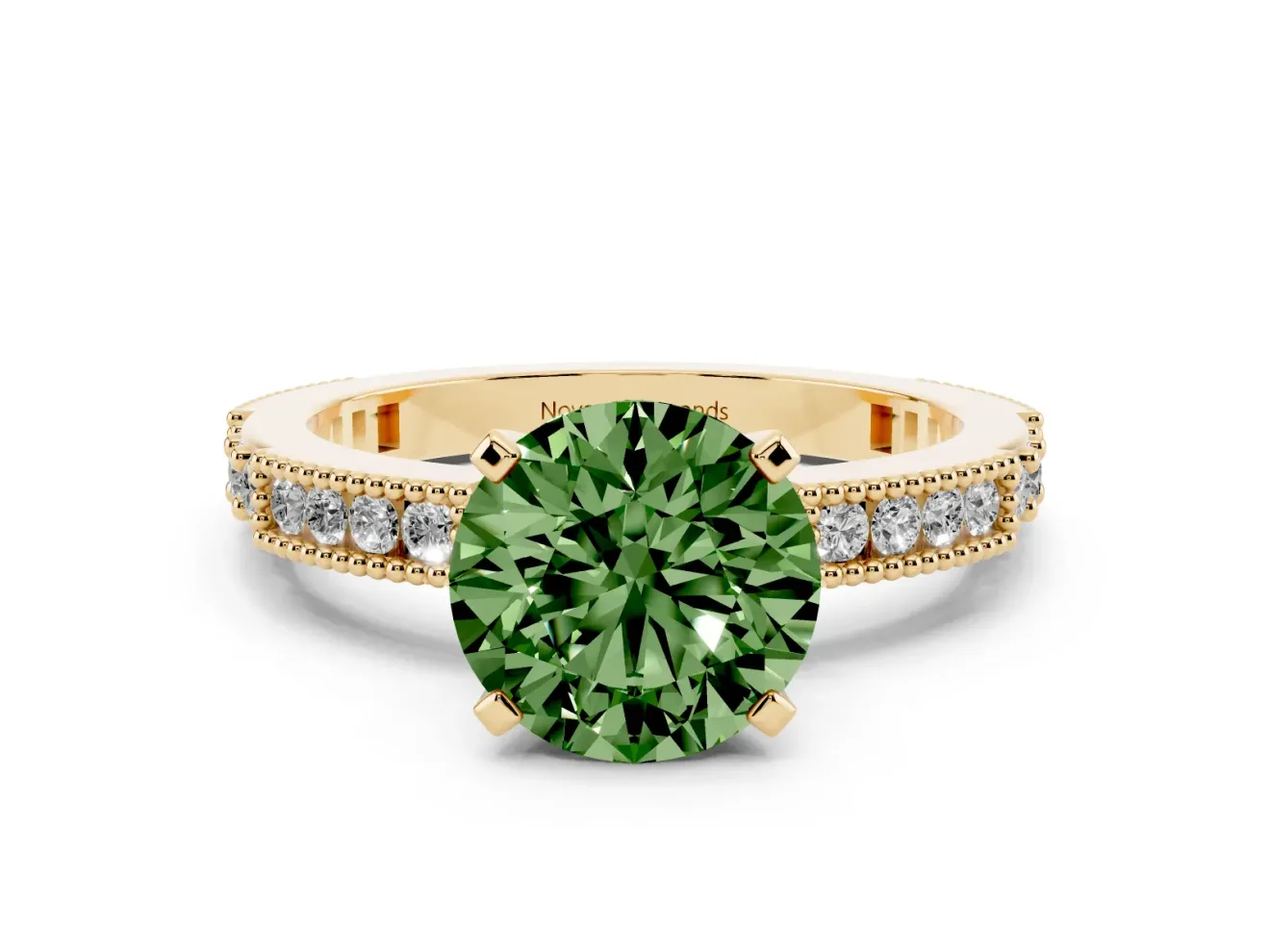 Fancy Green Round Cut Diamond Solitaire Ring Set in Yellow gold with Slim Pavé Band and Prong Setting
