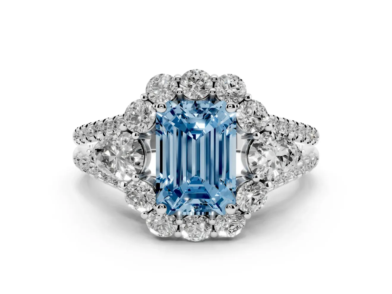 Fancy Blue Emerald Cut Diamond Halo Split Shank Engagement Ring Set in White gold with Prong-Held Center Stone