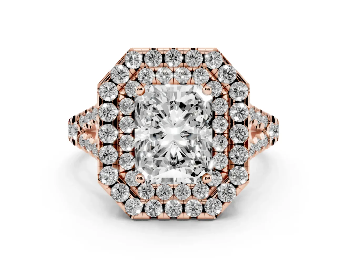 Radiant Cut Halo Split Shank Engagement Ring Setting | Rose Gold