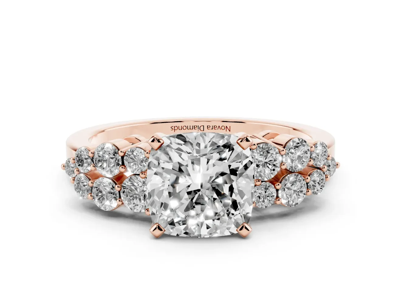 Cushion Cut Diamond Cluster Engagement Ring Set in Rose gold with Pavé Band and Prong Setting