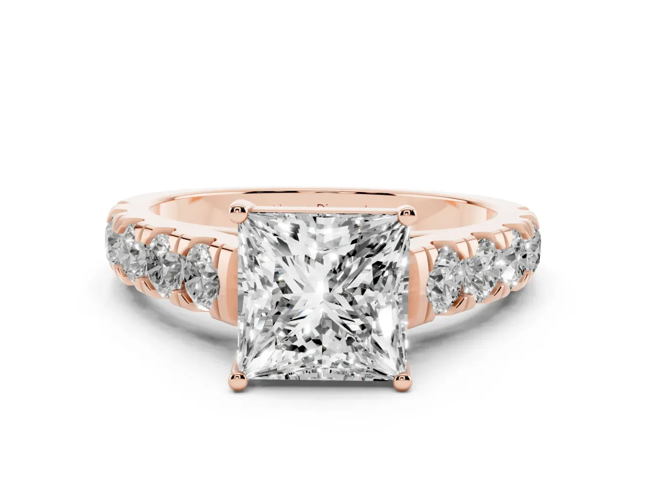 Princess Cut Cut-Down Side Stone Engagement Ring Setting | Scalloped Shoulders | Rose Gold