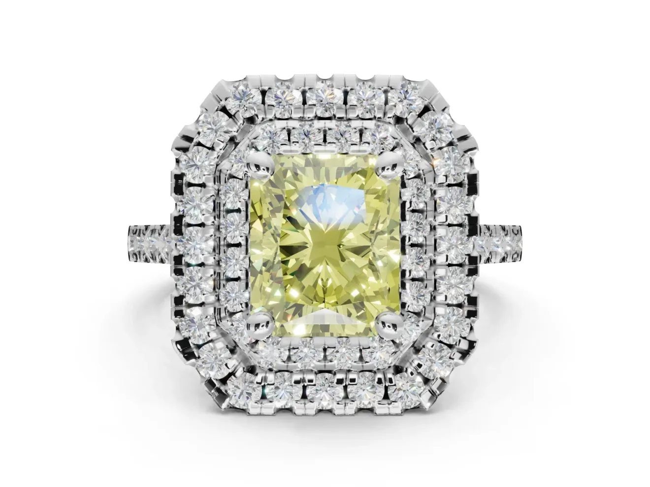 Canary Yellow Radiant Cut Lab-Grown Diamond Double Halo Statement Ring Set in White Gold with Pavé Band