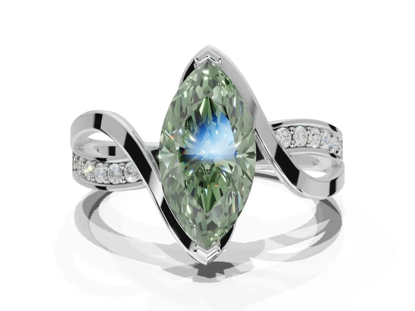 Marquise Bypass Solitaire Engagement Ring Setting for a Fancy Green Lab-Grown Diamond | Pavé Strands | Platinum