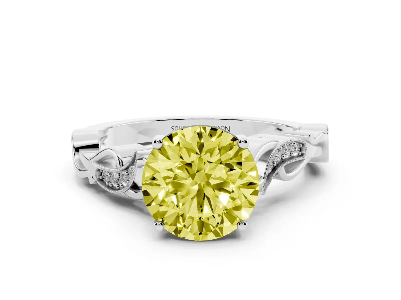 Fancy Yellow Round Cut Diamond Vine Band Solitaire Ring Set in Silver with Milgrain Prong Setting