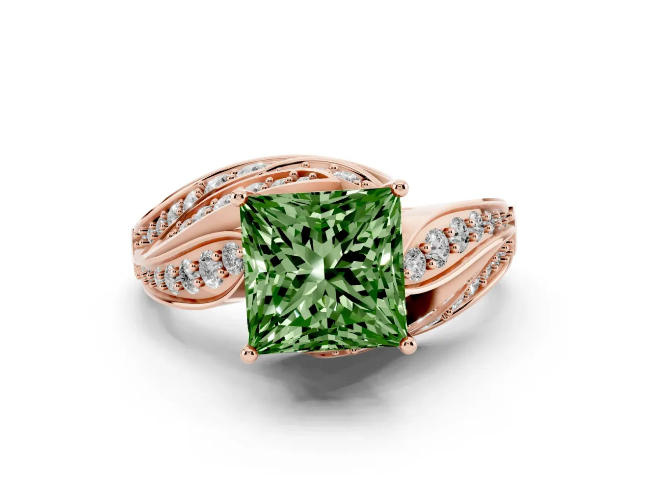 Fancy Green Princess Cut Diamond Solitaire Ring Set in Rose gold with Layered Twist Pavé Band
