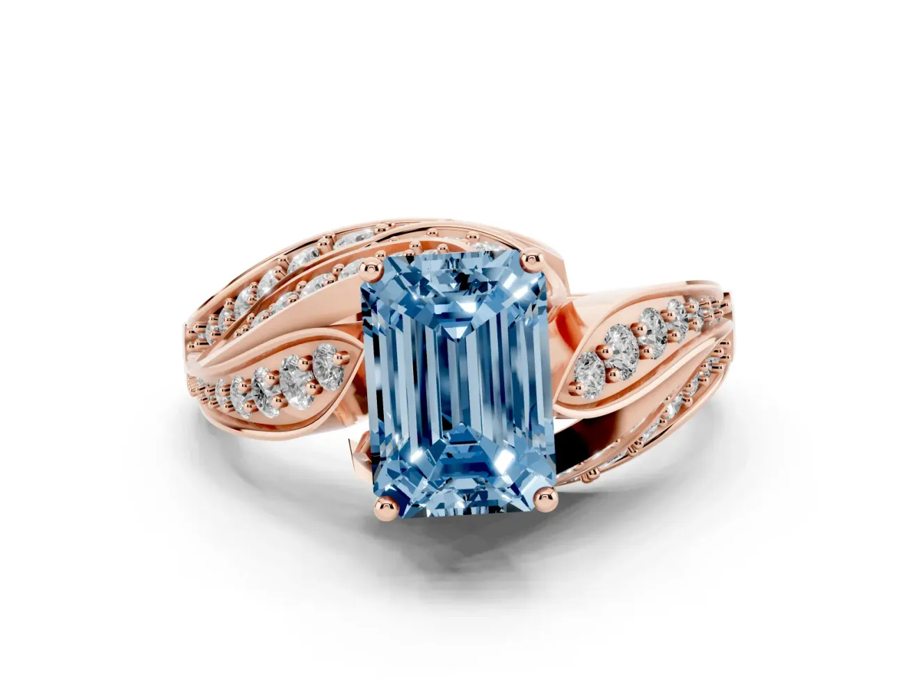 Emerald Cut Bypass Hidden Halo Engagement Ring Setting for a Fancy Blue Lab-Grown Diamond | Graduated Pavé | Rose Gold