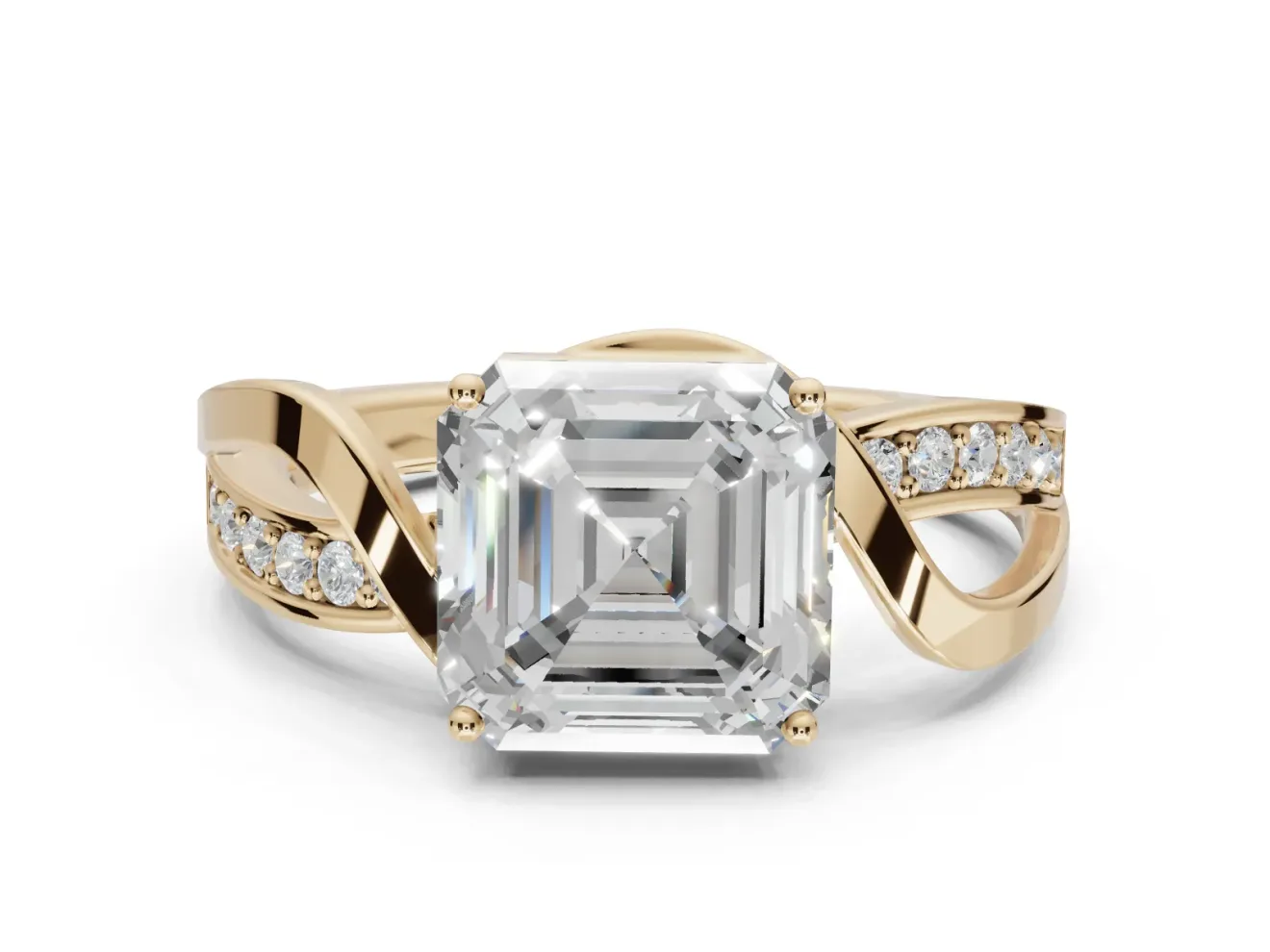 Asscher Cut Bypass Solitaire Engagement Ring Setting | Pavé and Plain Strands | Yellow Gold
