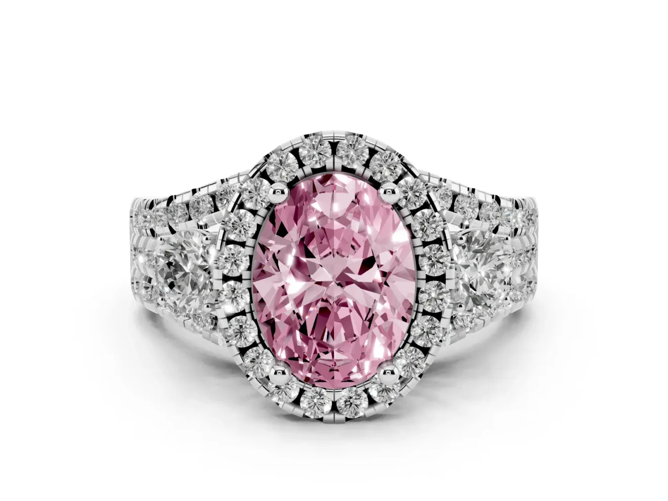 Oval Halo Split Shank Engagement Ring Setting for a Fancy Pink Lab-Grown Diamond | Round Side Stones | Platinum