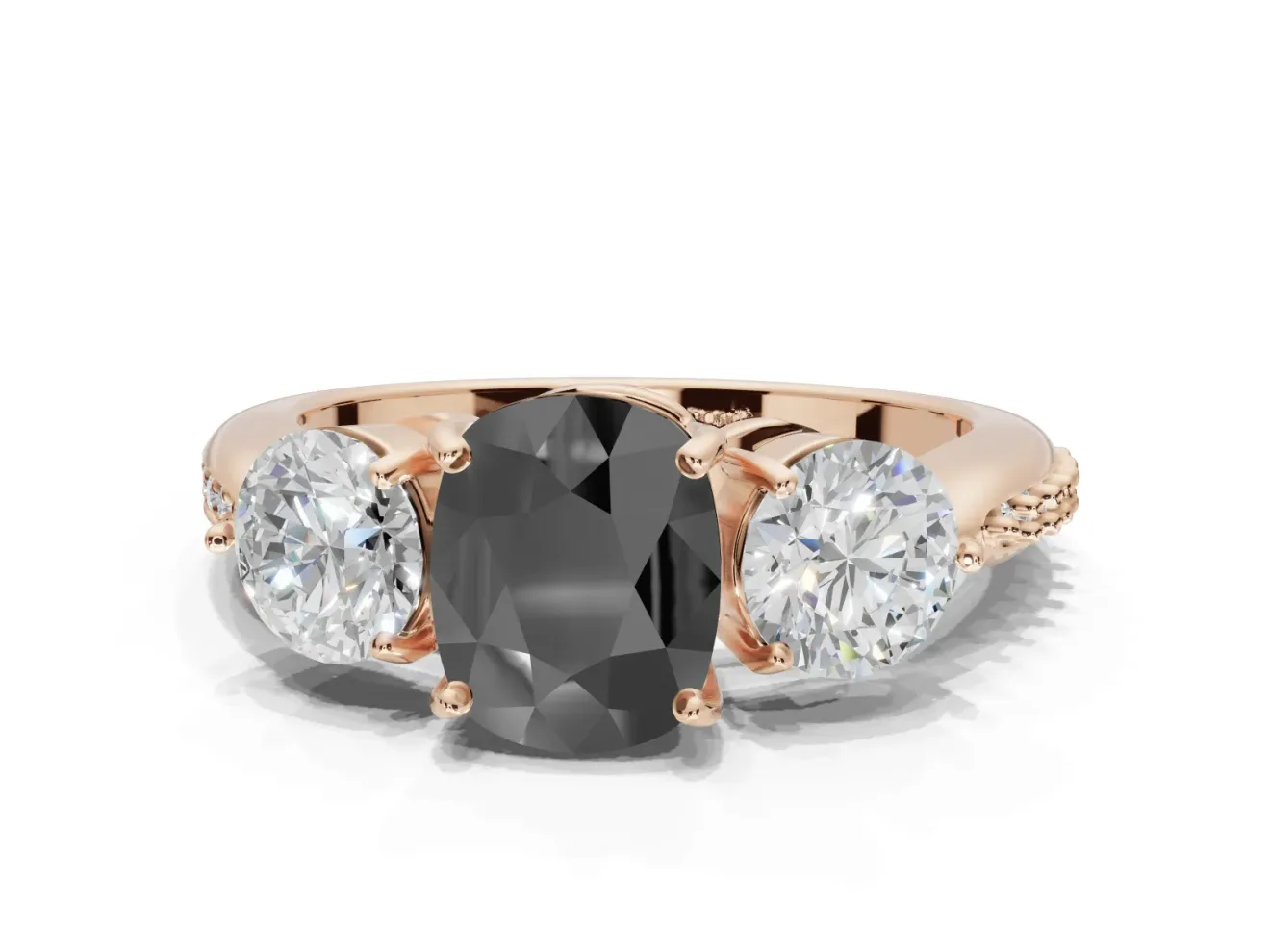 Cushion Cut Three Stone Engagement Ring Setting for a Black Center | Tapered Pavé Band | Rose Gold