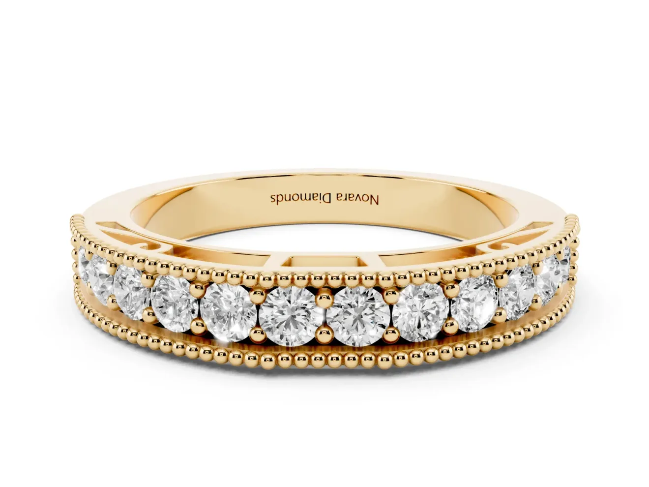 Round Diamond Pavé Chevron Band Set in Yellow gold with Milgrain Edges