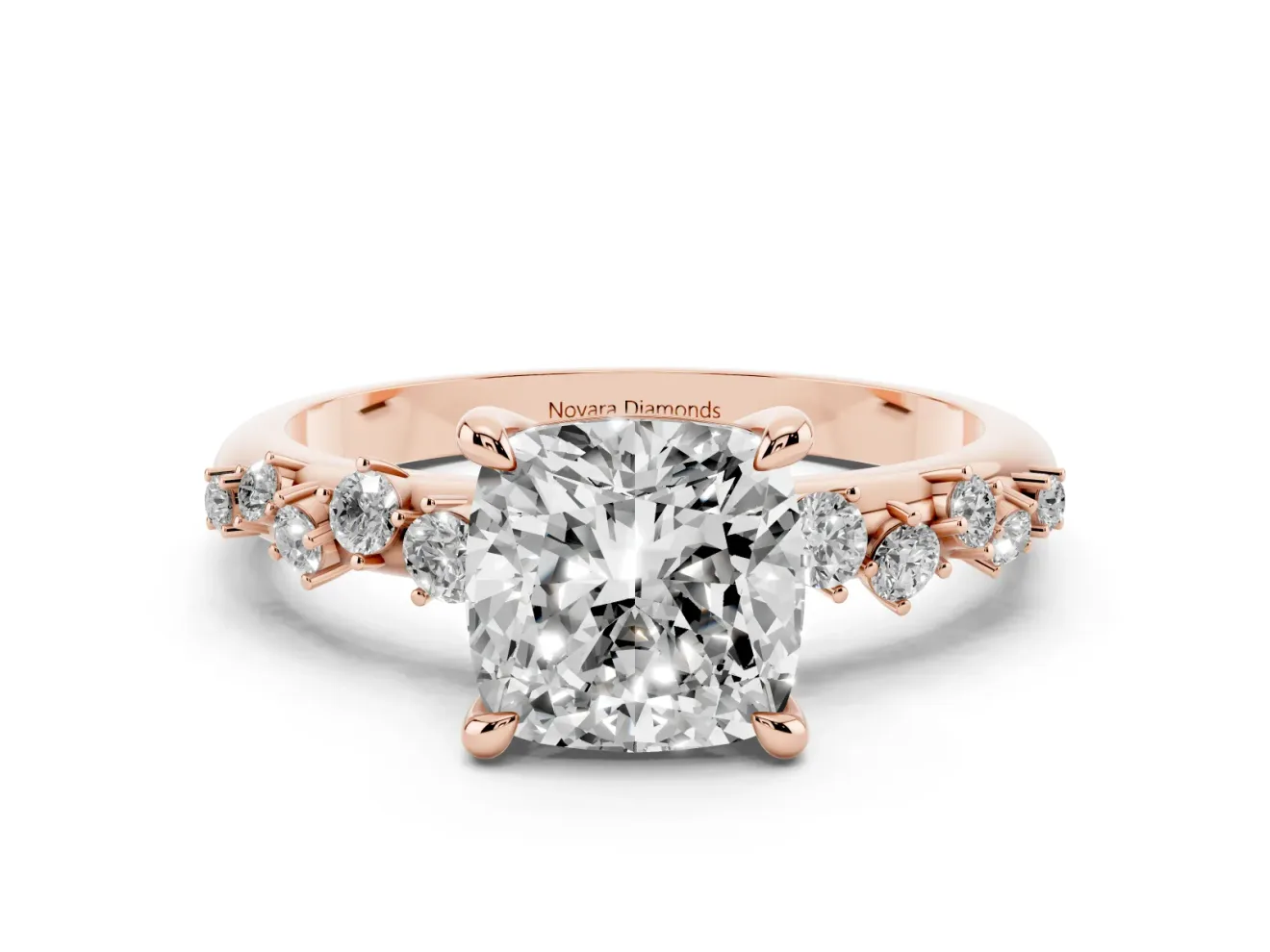 Cushion Cut Graduated Accent Engagement Ring Setting | Scattered Shoulders | Rose Gold