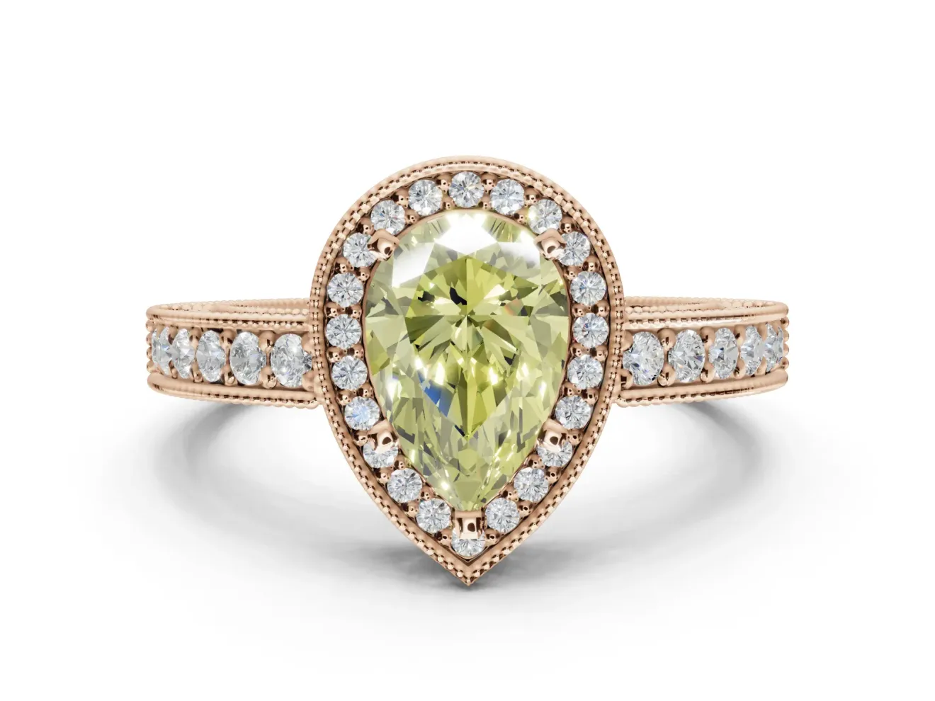 Pear-Shaped Milgrain Halo Engagement Ring Setting for a Fancy Yellow Lab-Grown Diamond | Wide Pavé Band | Rose Gold