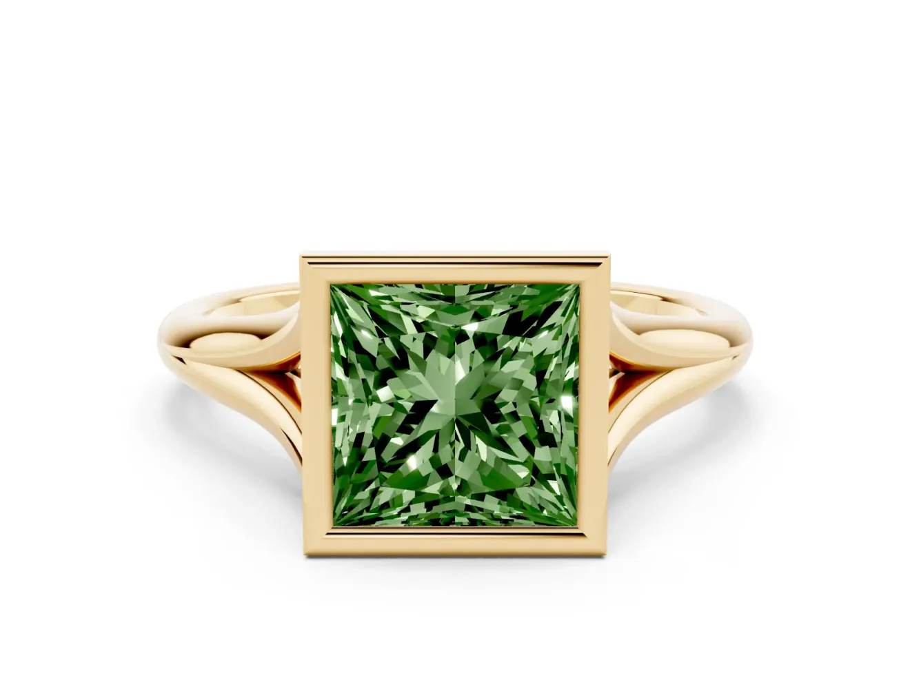 Fancy Green Bezel Set Princess Cut Diamond Solitaire Ring Set in Yellow gold with Tapered Band