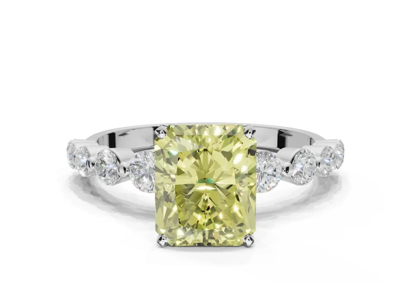 Radiant Cut Graduated Side Stone Engagement Ring Setting for a Fancy Yellow Lab-Grown Diamond | White Gold