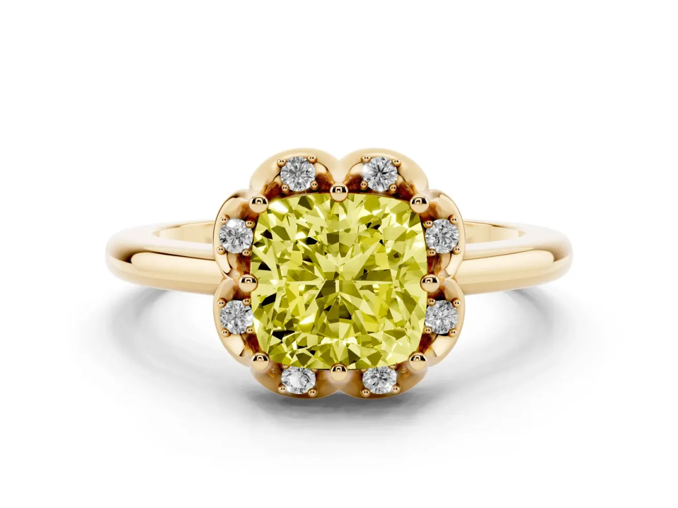 Cushion Cut Petal Halo Engagement Ring Setting for a Fancy Yellow Lab-Grown Diamond | Yellow Gold