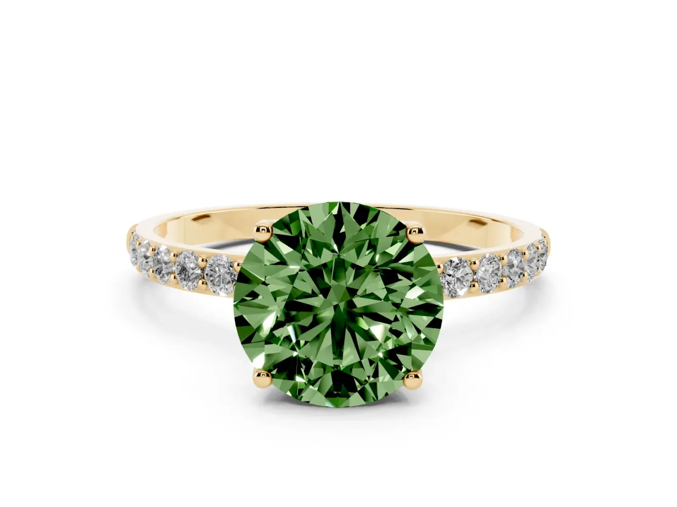 Round Pave Engagement Ring Setting for a Fancy Green Lab-Grown Diamond | Slim Band | Yellow Gold