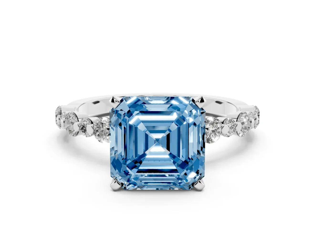 Fancy Blue Asscher Cut Diamond Prong Set Engagement Ring Set in Silver with Round Accent Pavé Band