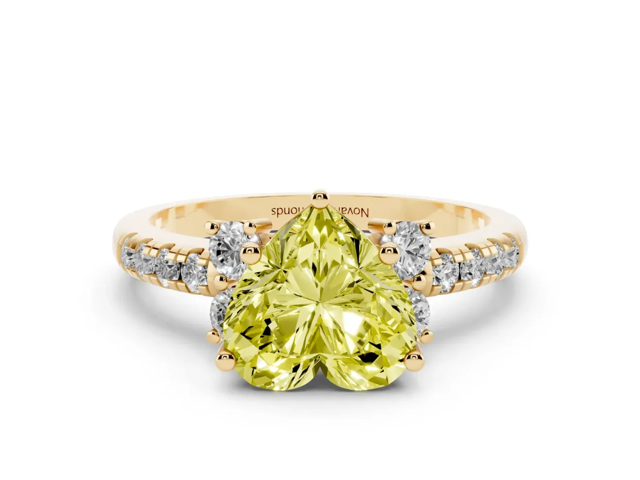 Heart-Shaped Side Stone Engagement Ring Setting for a Fancy Yellow Lab-Grown Diamond | Pave Band | Yellow Gold