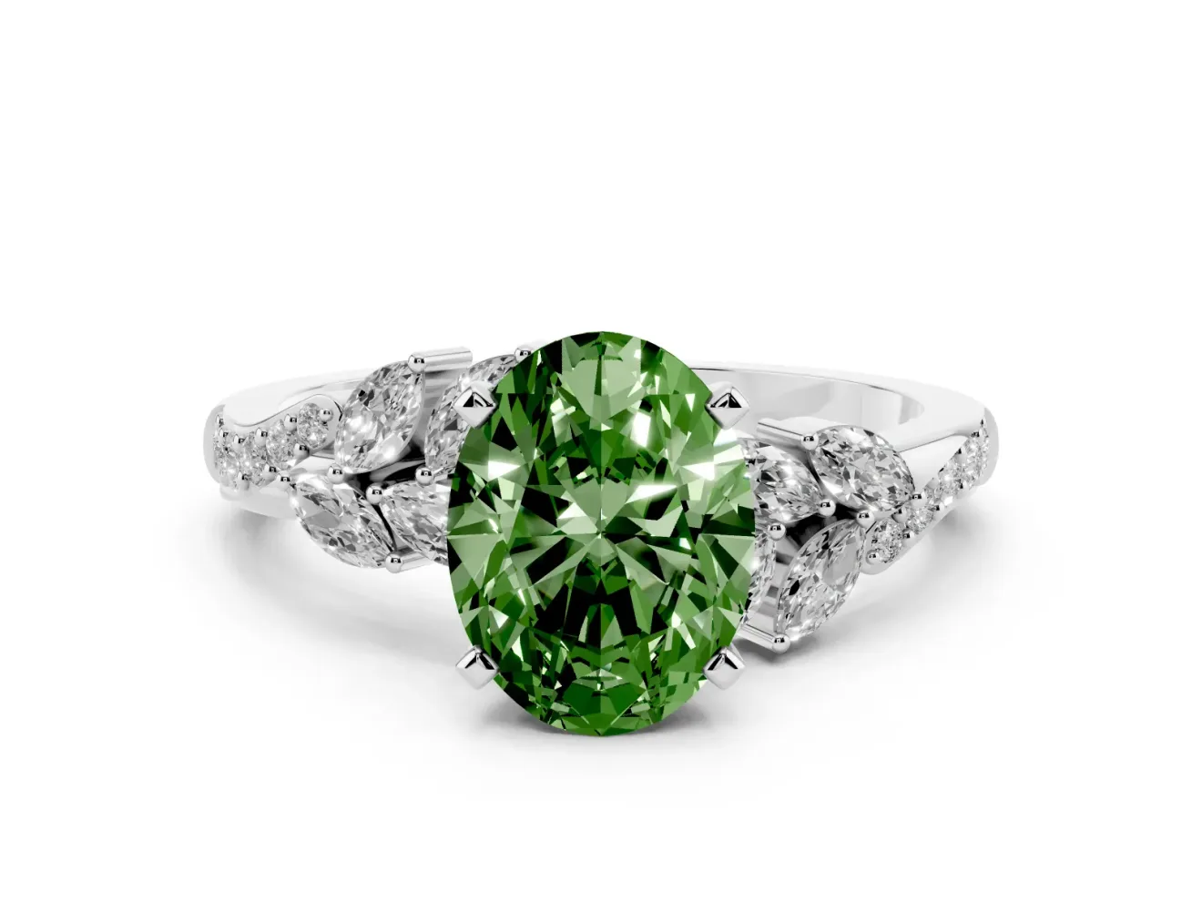 Fancy Green Oval Cut Diamond Solitaire Ring Set in White gold with Marquise Twist Band and Prong Setting