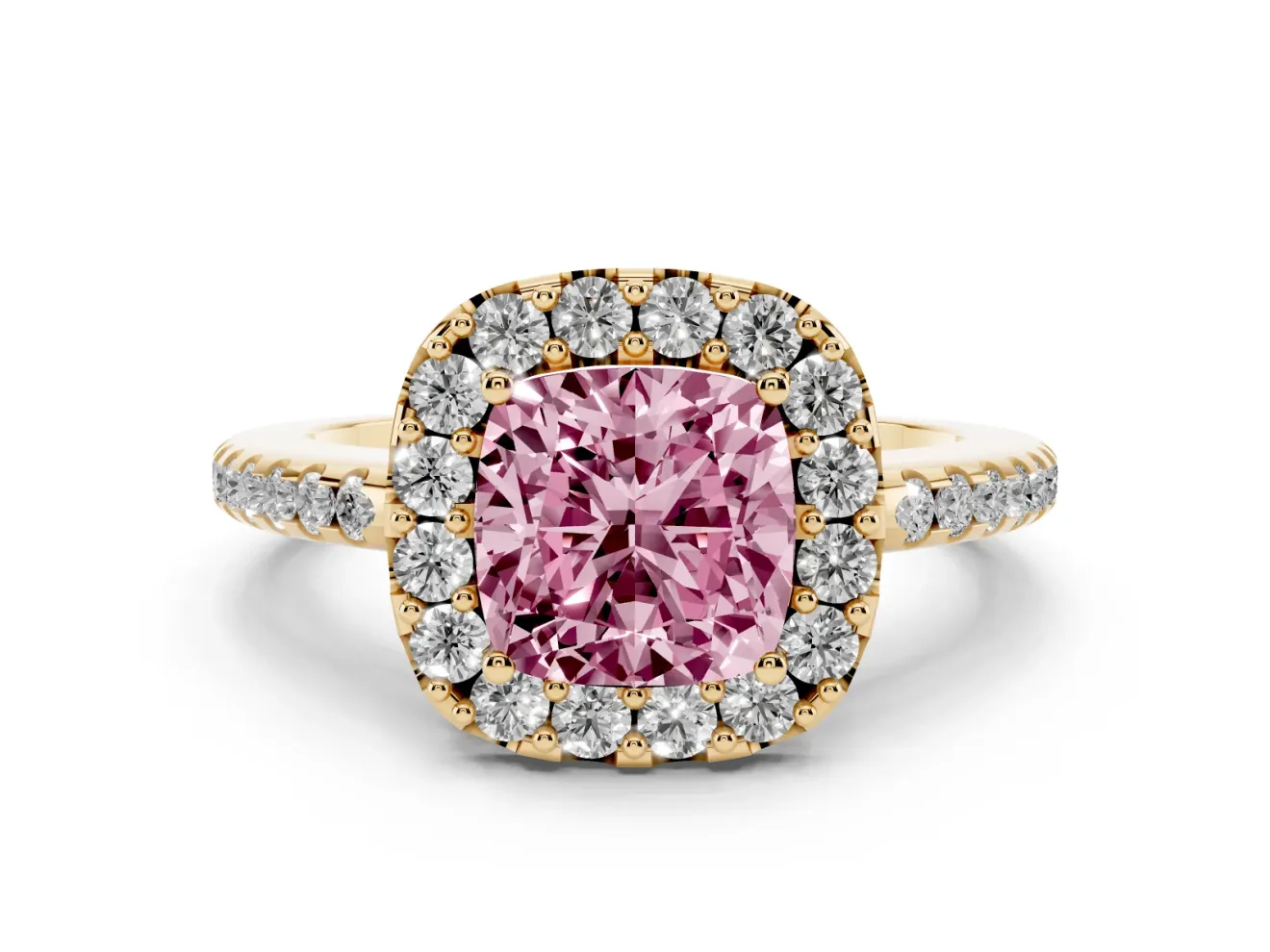Cushion Cut Pave Halo Engagement Ring Setting for a Fancy Pink Lab-Grown Diamond | Pave Band | Yellow Gold