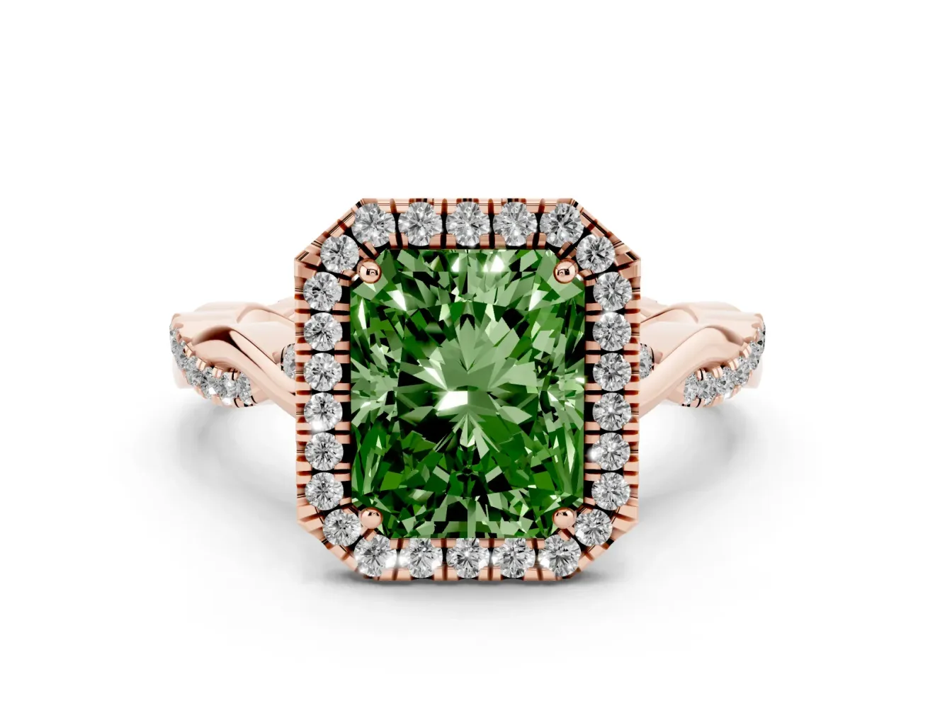 Radiant Cut Twist Halo Engagement Ring Setting for a Fancy Green Lab-Grown Diamond | Rose Gold