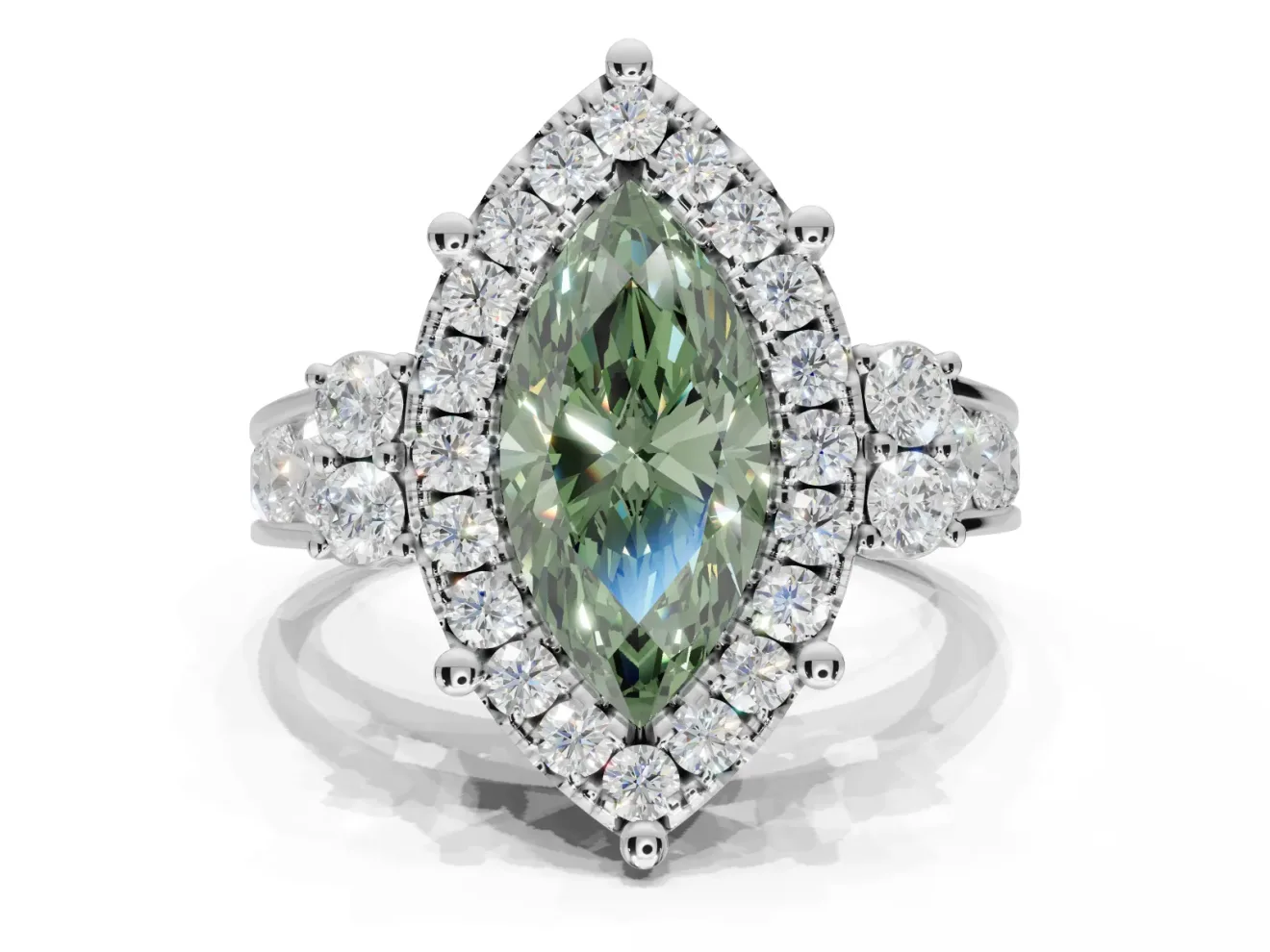 Marquise Halo Engagement Ring Setting for a Fancy Green Lab-Grown Diamond | Side Clusters | Platinum
