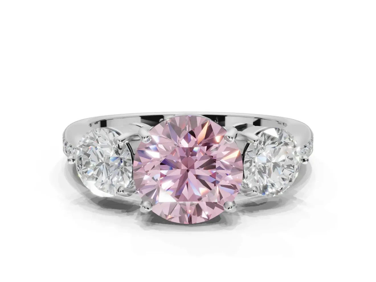 Round Three Stone Engagement Ring Setting for a Fancy Pink Lab-Grown Diamond | Tapered Pave Band | Platinum