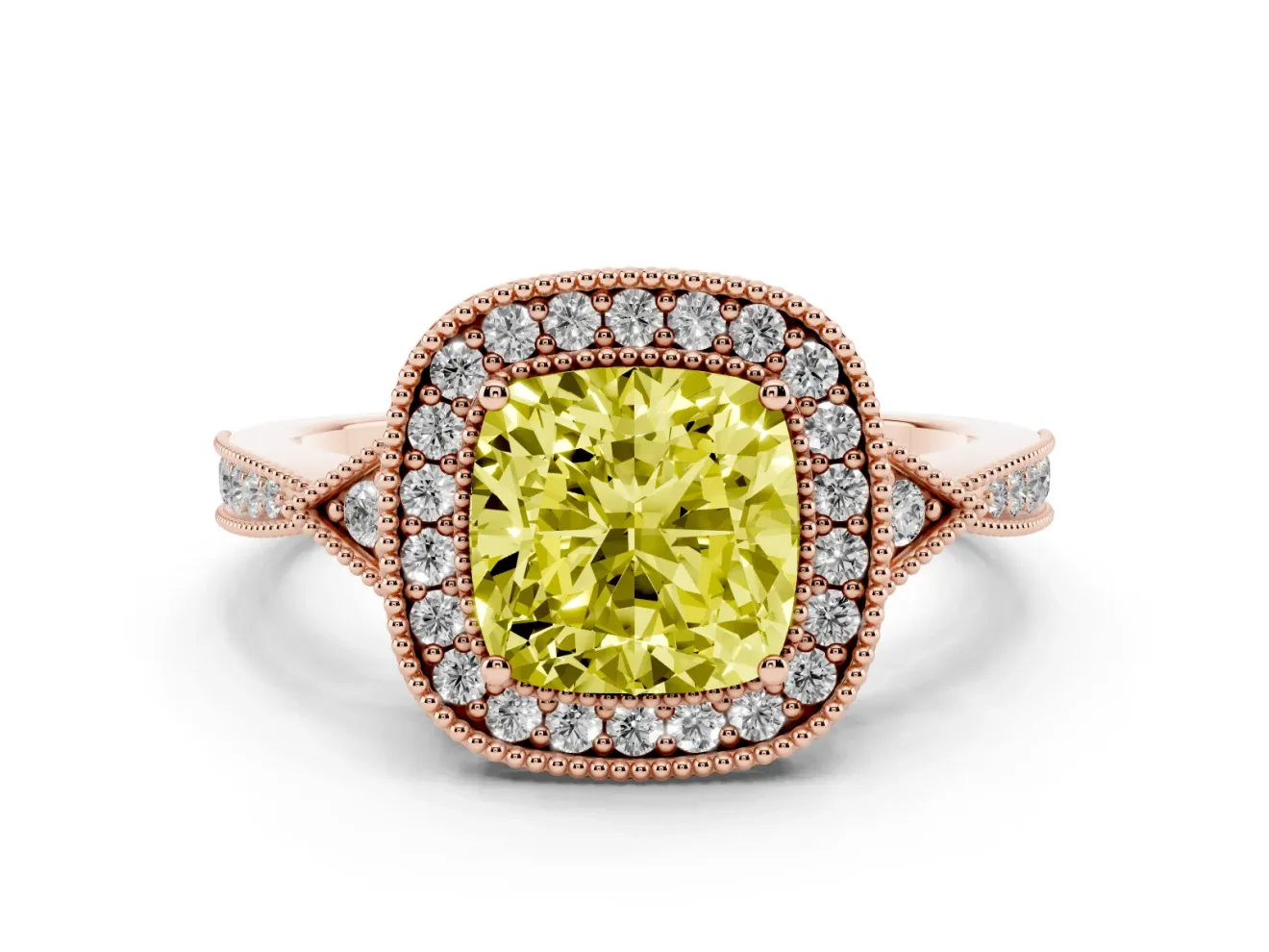 Cushion Cut Milgrain Halo Engagement Ring Setting for a Fancy Yellow Lab-Grown Diamond | Graduated Pavé | Rose Gold