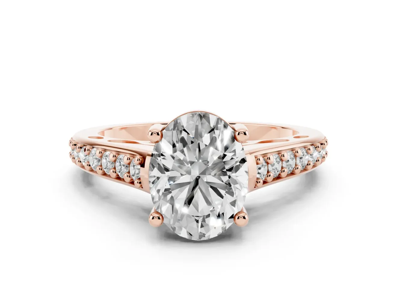 Oval Graduated Pave Cathedral Solitaire Engagement Ring Setting | Scroll Cut-Outs | Rose Gold