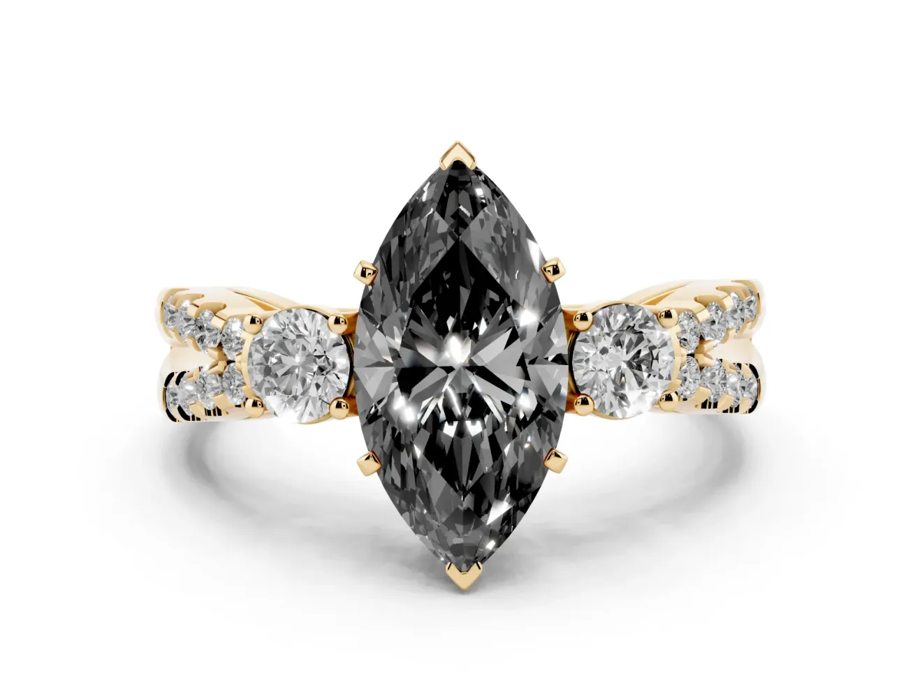 Marquise Three Stone Engagement Ring Setting for a Black Center | Pavé Split Shank | Yellow Gold