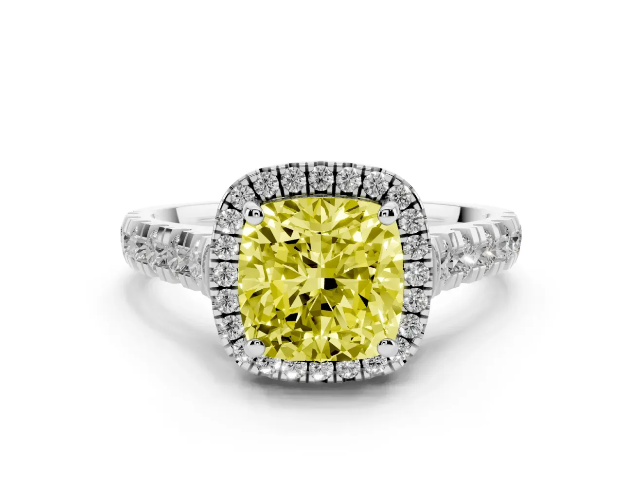 Cushion Cut Accented Halo Engagement Ring Setting for a Fancy Yellow Lab-Grown Diamond | White Gold