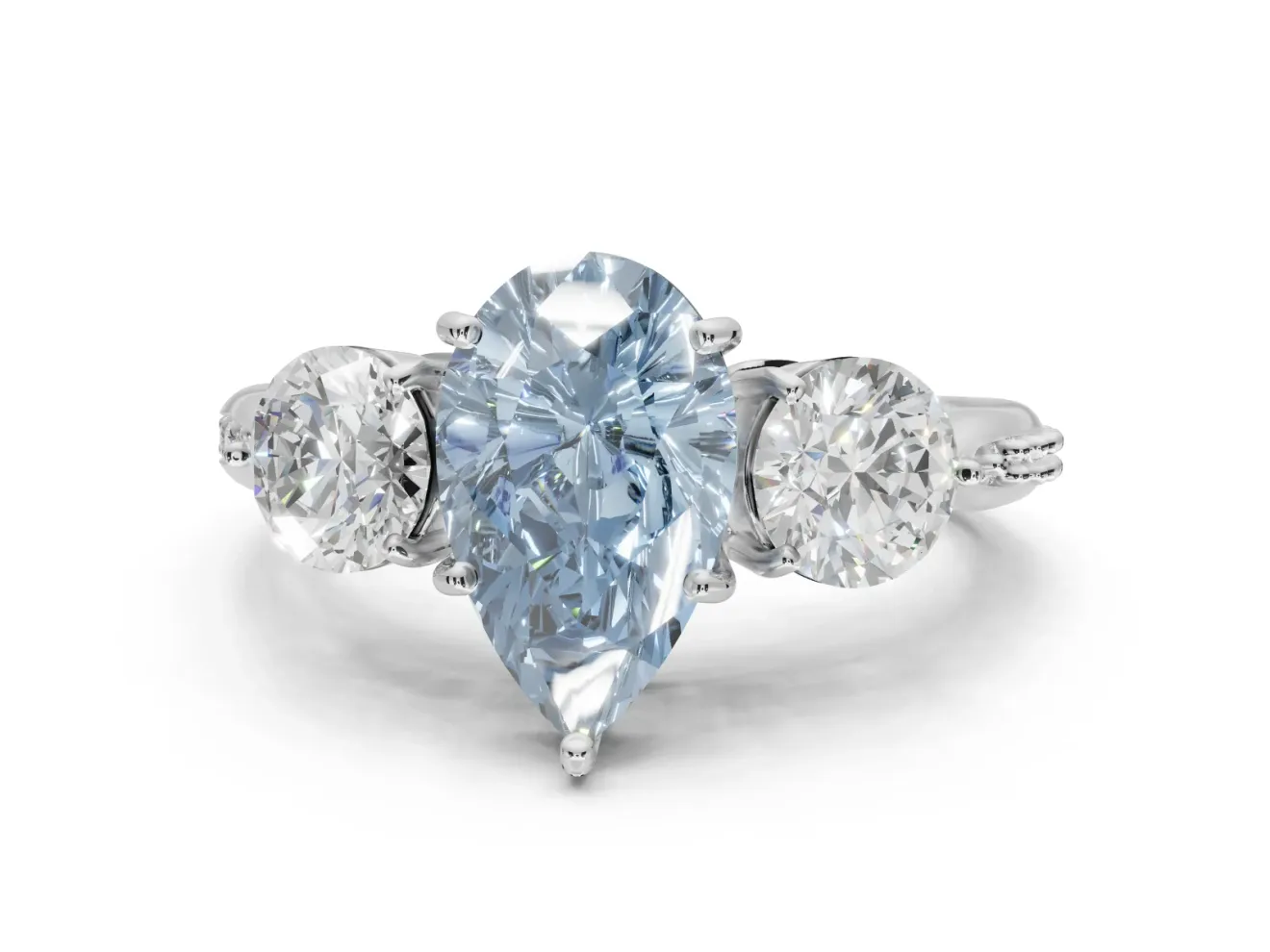 Pear-Shaped Three Stone Engagement Ring Setting for a Fancy Blue Lab-Grown Diamond | Tapered Pave Band | Platinum