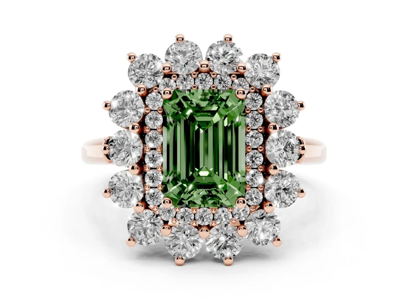 Emerald Cut Floral Double Halo Engagement Ring Setting for a Fancy Green Lab-Grown Diamond | Plain Band | Rose Gold