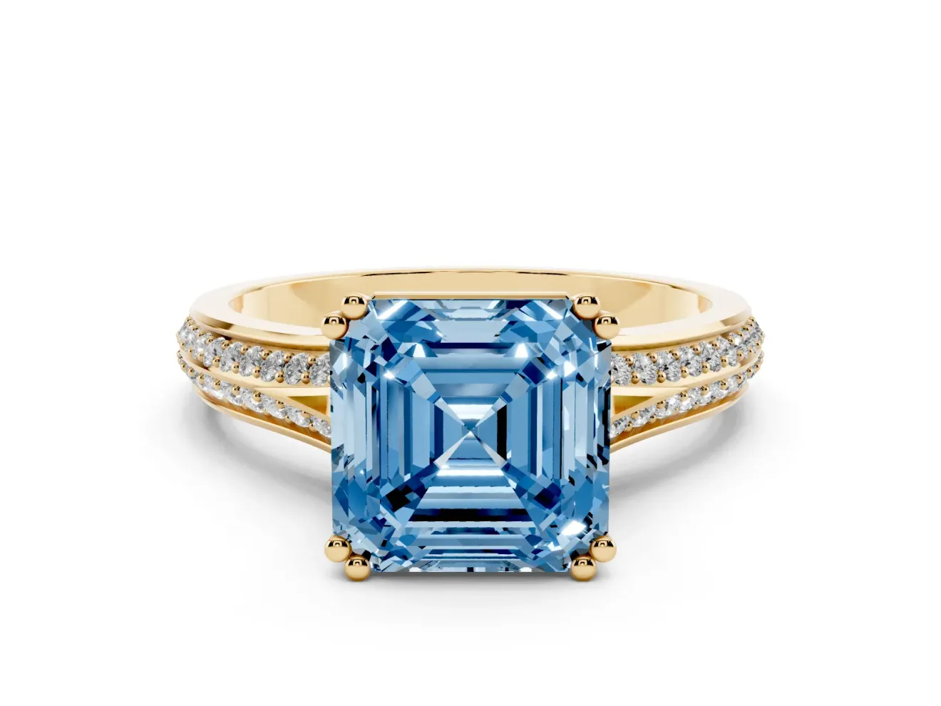 Asscher Cut Split Shank Engagement Ring Setting for a Fancy Blue Lab-Grown Diamond | Pave Band | Yellow Gold