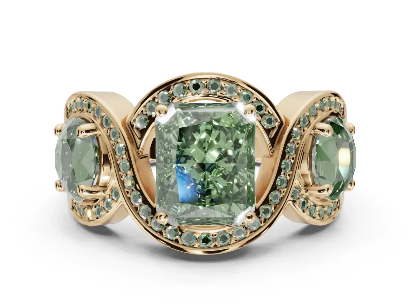 Radiant Cut Three Stone Halo Engagement Ring Setting for a Fancy Green Lab-Grown Diamond | Pavé Wave Band | Yellow Gold
