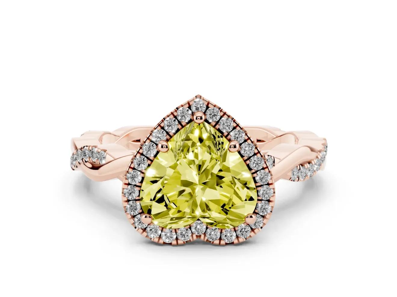 Fancy Yellow Heart Cut Diamond Halo Twisted Band Ring Set in Rose gold with Prong Setting