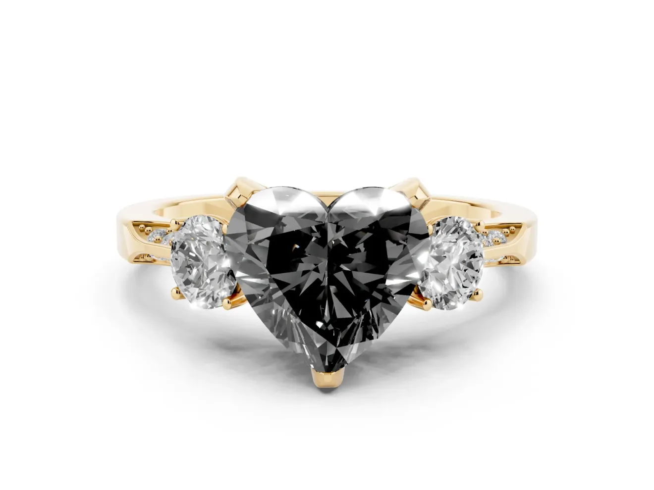 Heart-Shaped Hidden Halo Three Stone Engagement Ring Setting for a Black Center | Yellow Gold