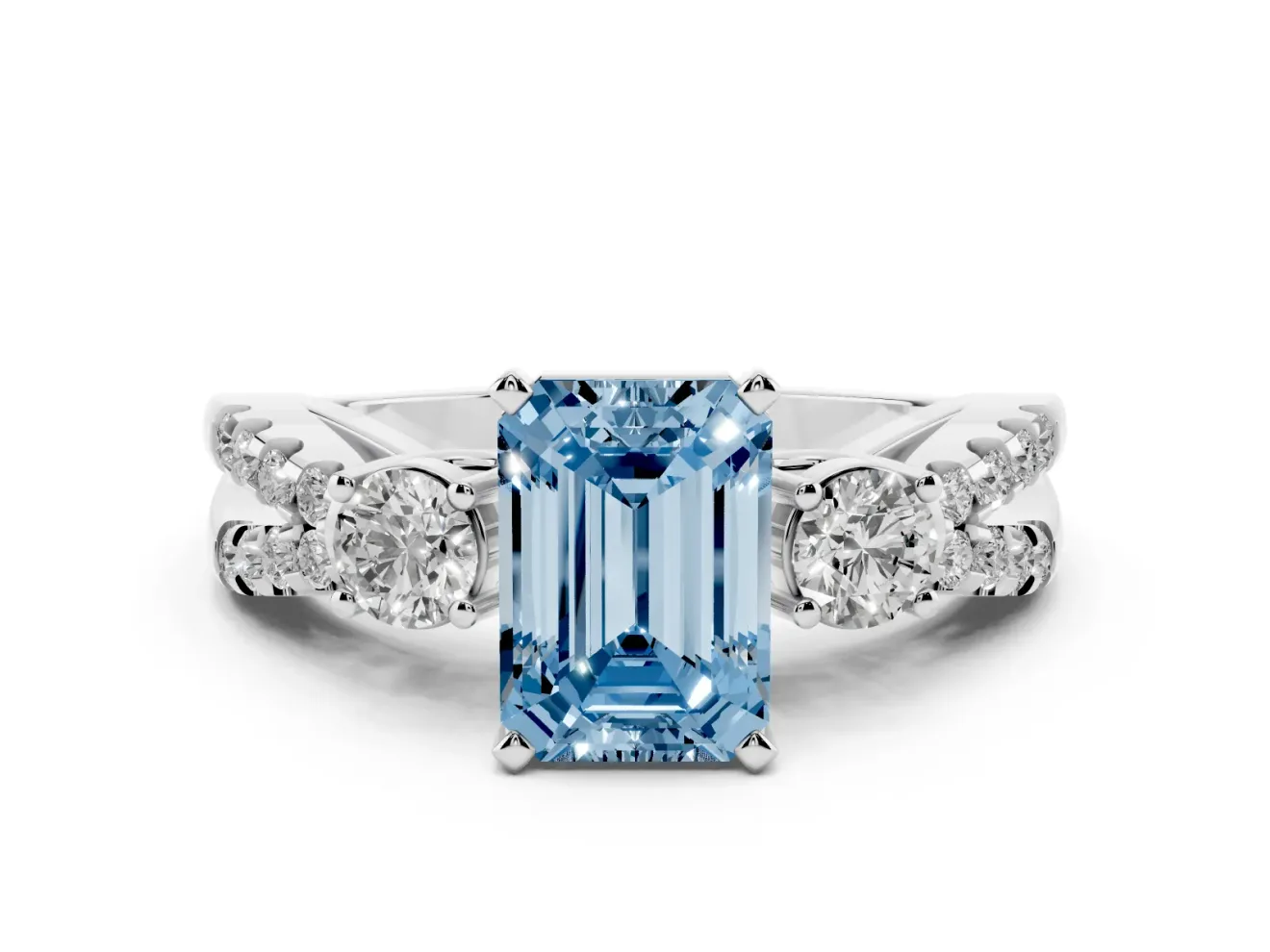 Fancy Blue Emerald Cut Diamond Three-Stone Ring Set in Platinum with Pavé Split Shank and Prong Setting