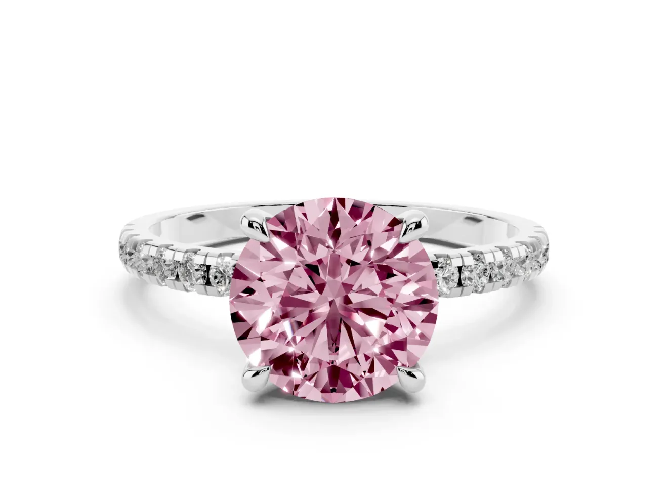 Round Petite Pavé Solitaire Engagement Ring Setting for a Fancy Pink Lab-Grown Diamond | Slim Band | White Gold