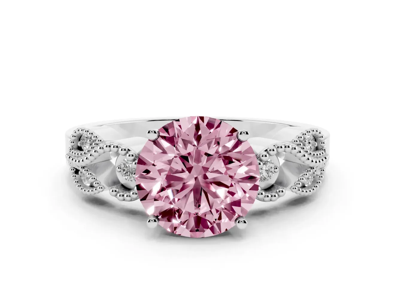Round Vintage Leaf Solitaire Engagement Ring Setting for a Fancy Pink Lab-Grown Diamond | White Gold