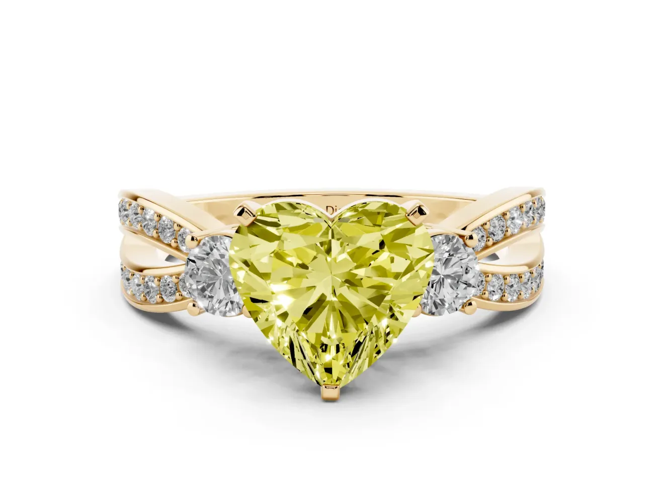 Fancy Yellow Three-Stone Heart Cut Diamond Twist Band Ring Set in Yellow gold with Pavé Accents and Prong Setting