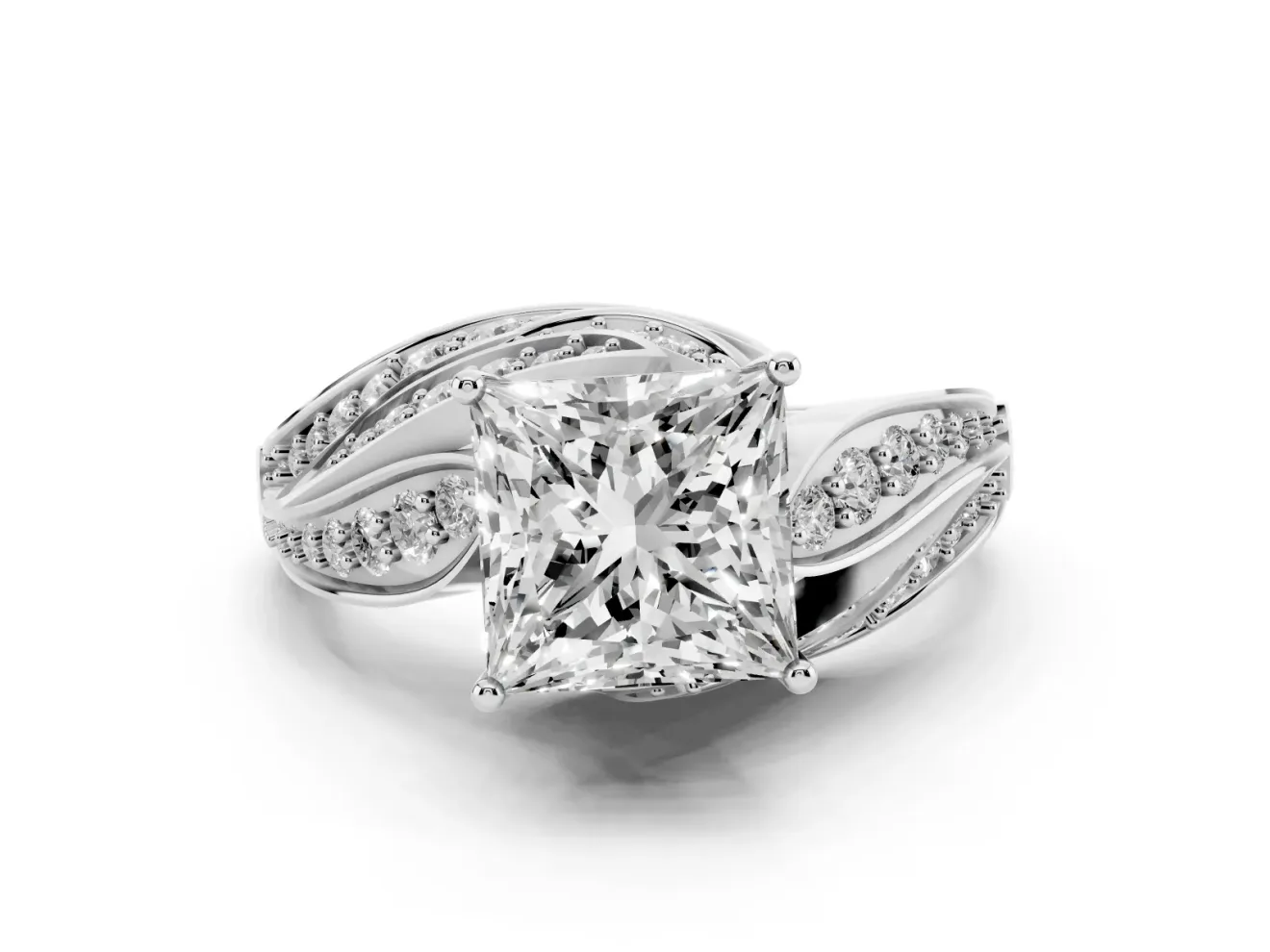 Princess Cut Bypass Hidden Halo Engagement Ring Setting | Graduated Pavé | White Gold