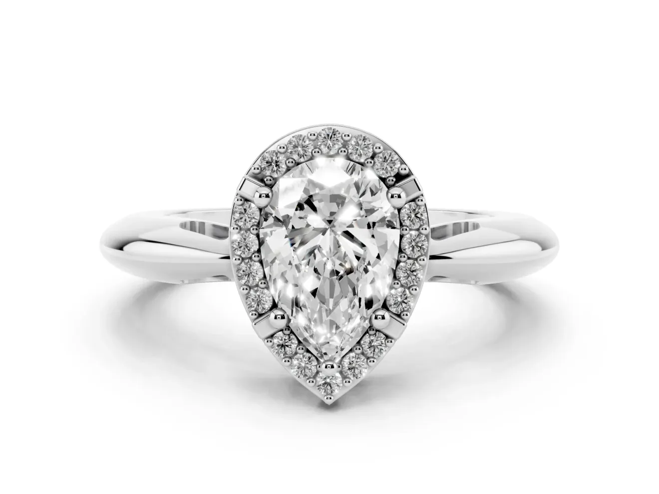 Pear Cut Diamond Halo Engagement Ring Set in White gold with Plain Split Shank and Prong Setting