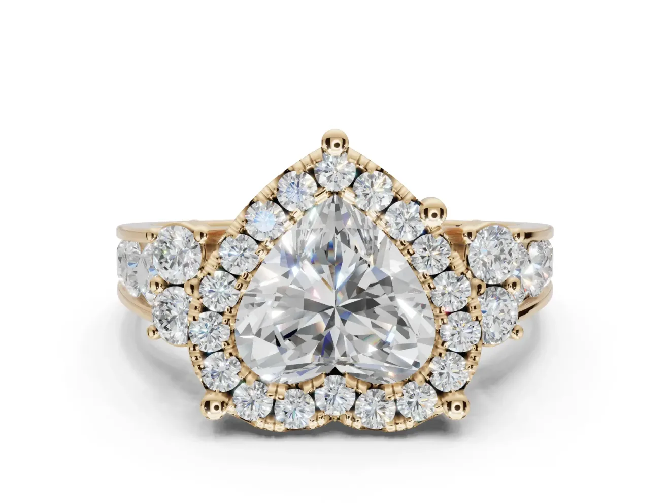 Heart-Shaped Halo Side Cluster Engagement Ring Setting | Graduated Channel Band | Yellow Gold
