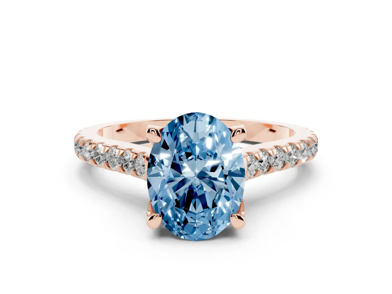 Oval Hidden Halo Pave Engagement Ring Setting for a Fancy Blue Lab-Grown Diamond | Claw Prongs | Rose Gold